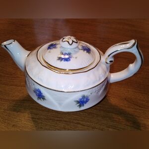 Nantucket Home Mini Floral Pattern White and Blue Teapot With Gold Accents